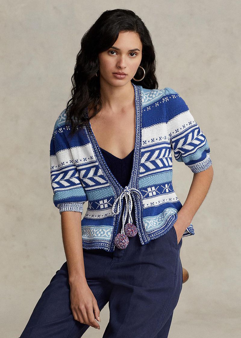 Sueter Polo Ralph Lauren Mujer Geo-Stripe Pom-Pom Linen-Blend Cardigan Chile Azules FCMSI-1395